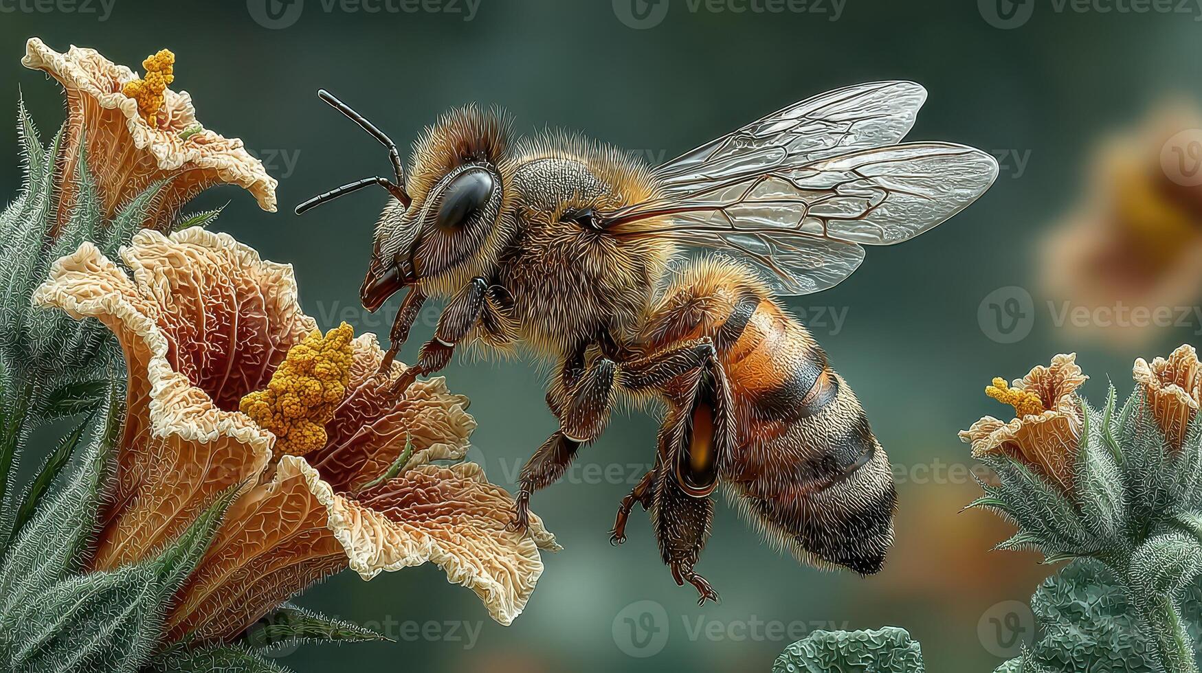 Close-up view of a bee gathering pollen from a flower during a sunny afternoon in a vibrant garden setting photo
