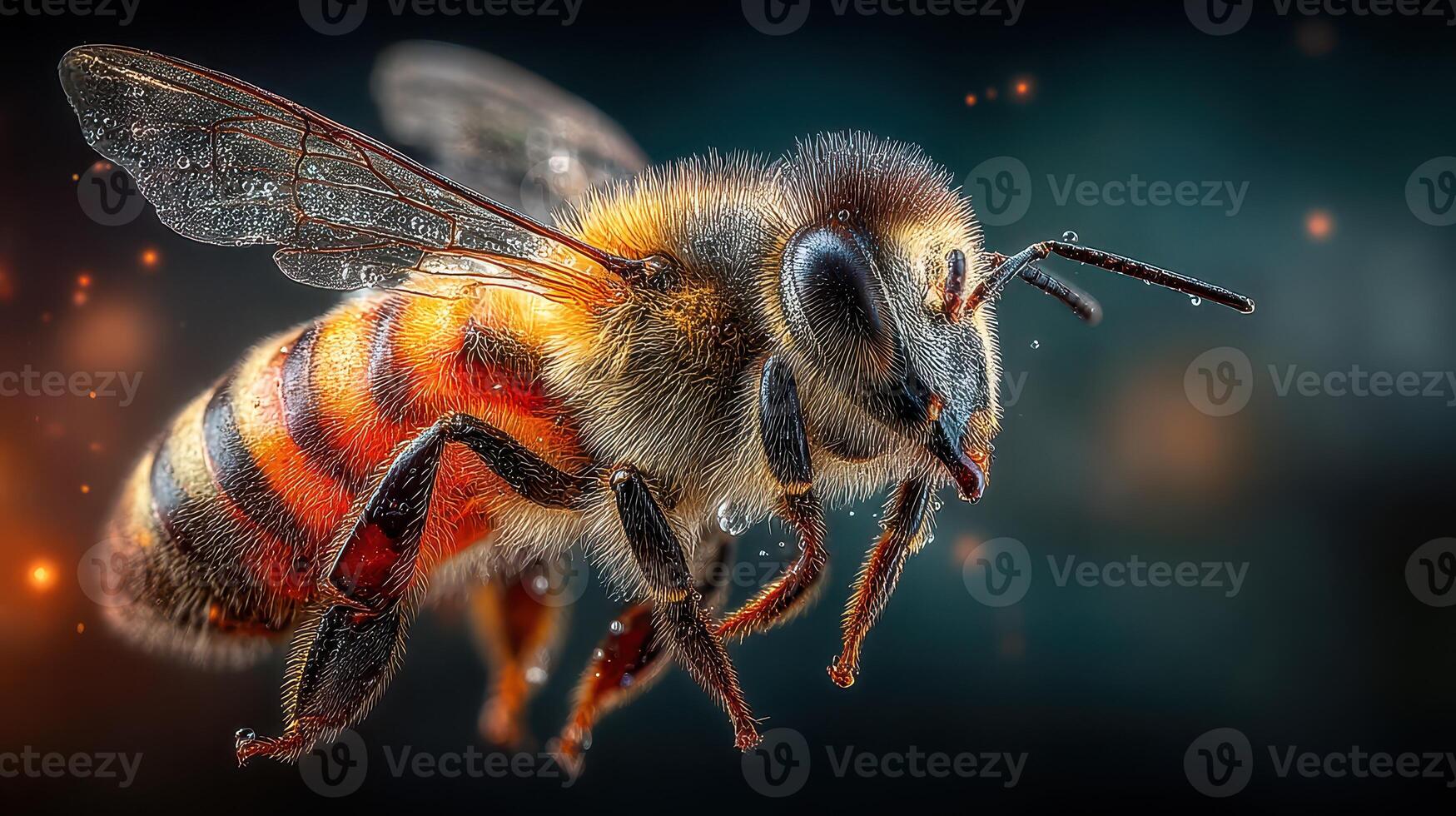 Close up of a honeybee collecting nectar on a vibrant flower during a sunny day in a lush garden habitat photo