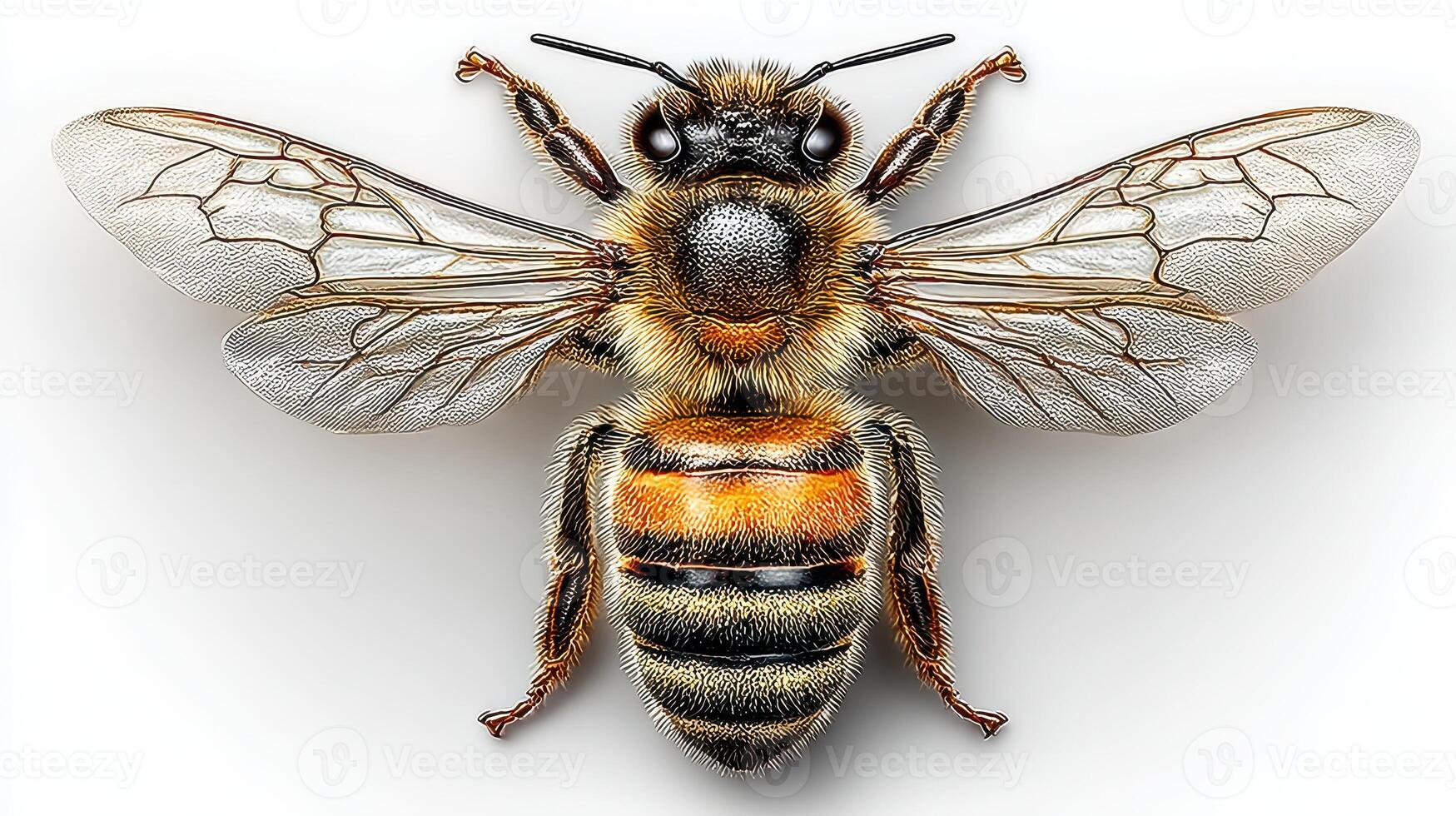 Detailed close-up of a bee showcasing its wings, body structure, and natural colors in a studio setting photo