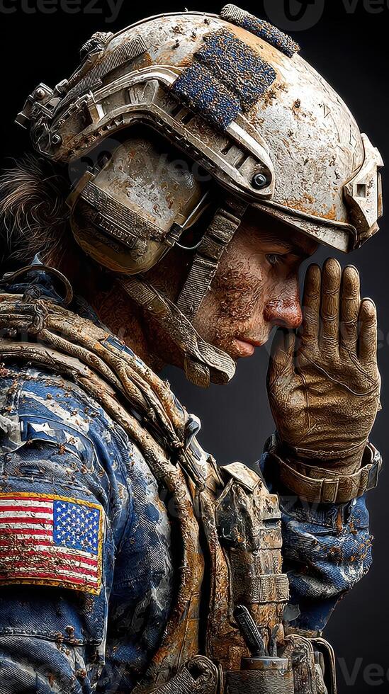 Military personnel in tactical gear salutes while covered in dirt after a challenging operation in a combat zone photo