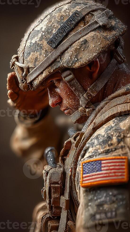 Soldier saluting in muddy uniform under rain at dawn during military operations in a conflict zone photo