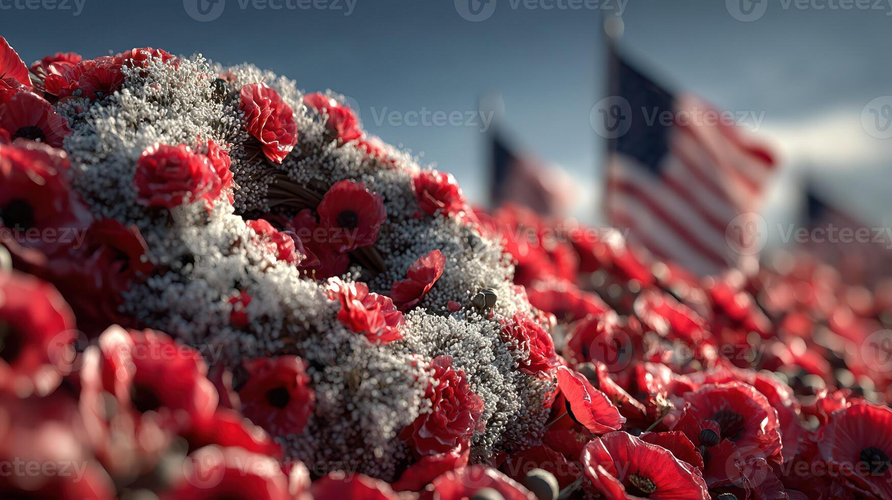 Red flowers and flags adorn a memorial site honoring fallen soldiers on a sunny day in a patriotic celebration photo