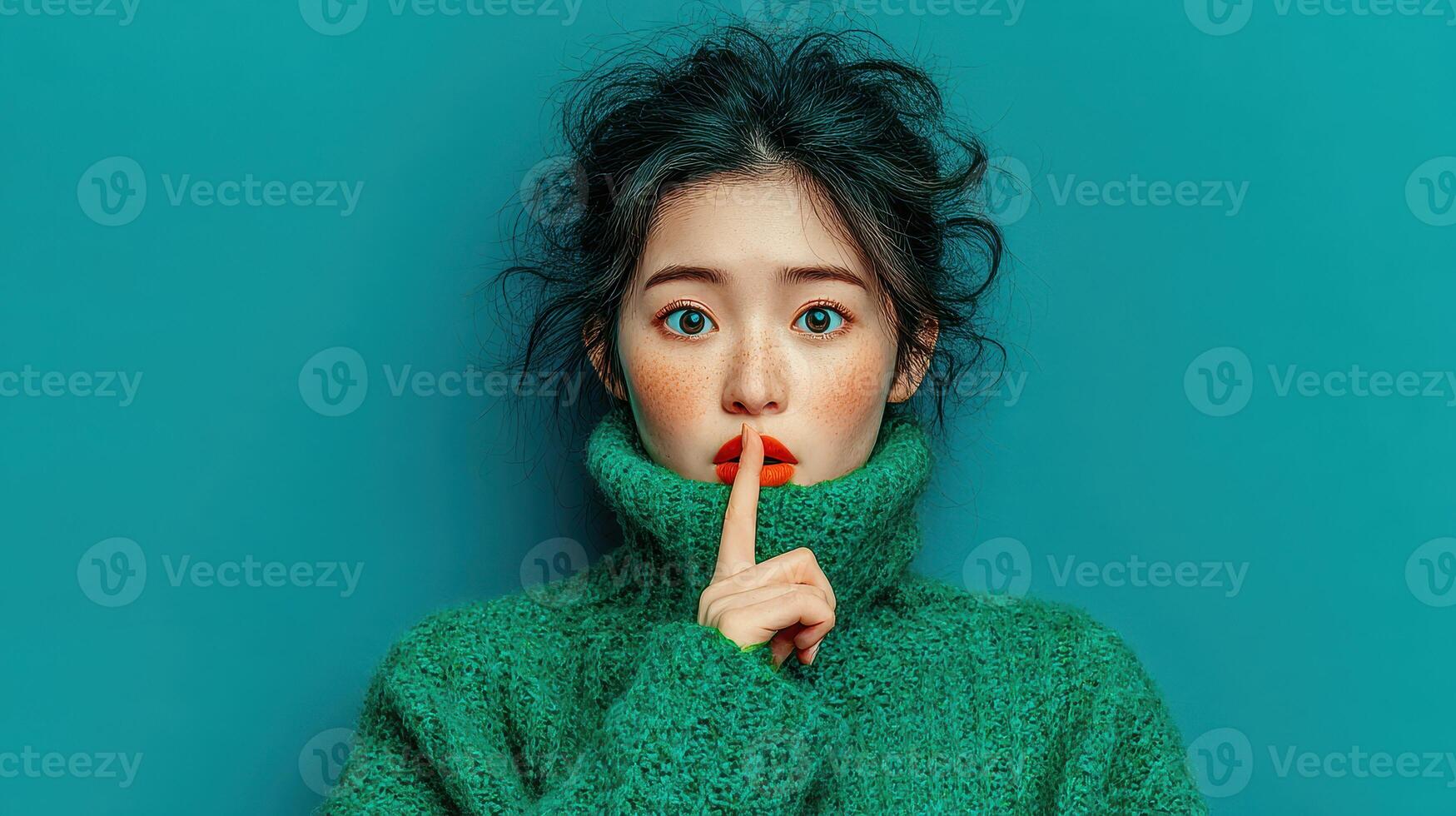 Young woman with striking features in green sweater poses against a teal background while expressing a gesture of silence photo