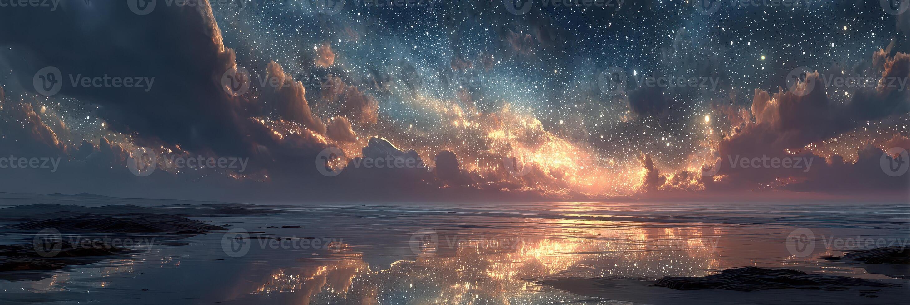 Night sky filled with stars reflected on calm ocean surface during twilight hours photo