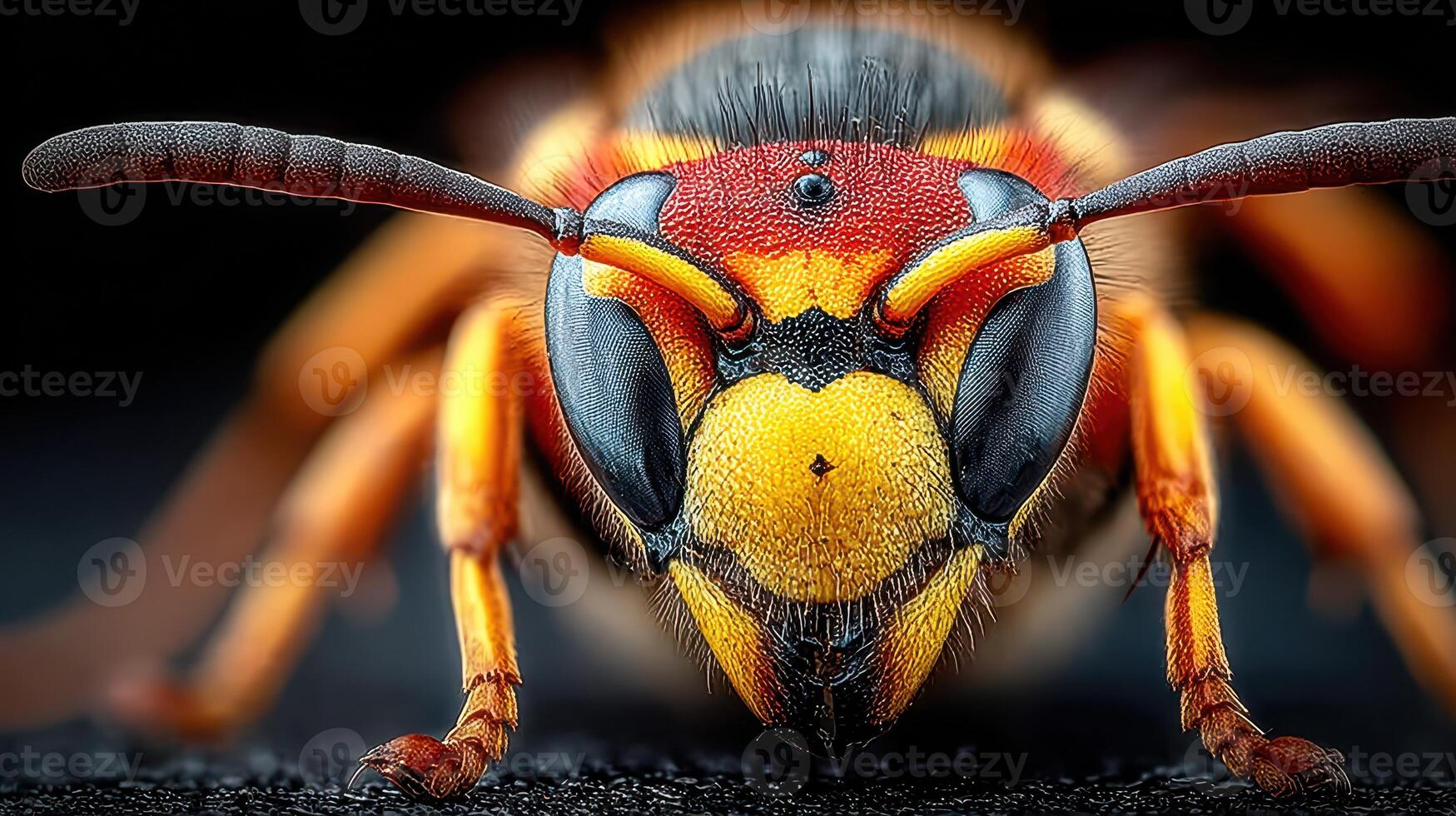 Close-up view of a wasp showcasing intricate details of its body and eyes in a dark background during daytime exploration photo