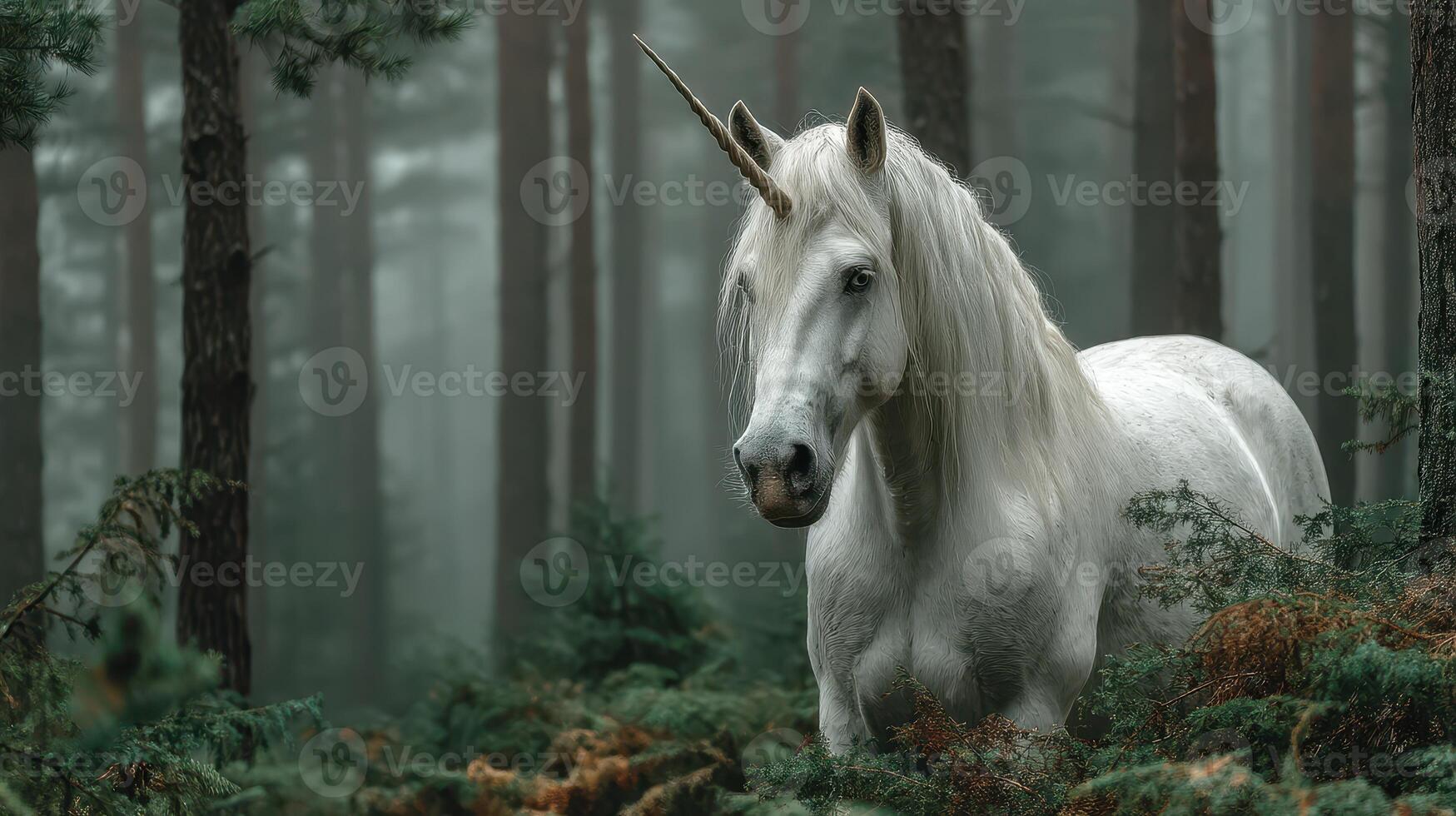 Magical unicorn explores dense forest surrounded by mist and twilight ambiance photo