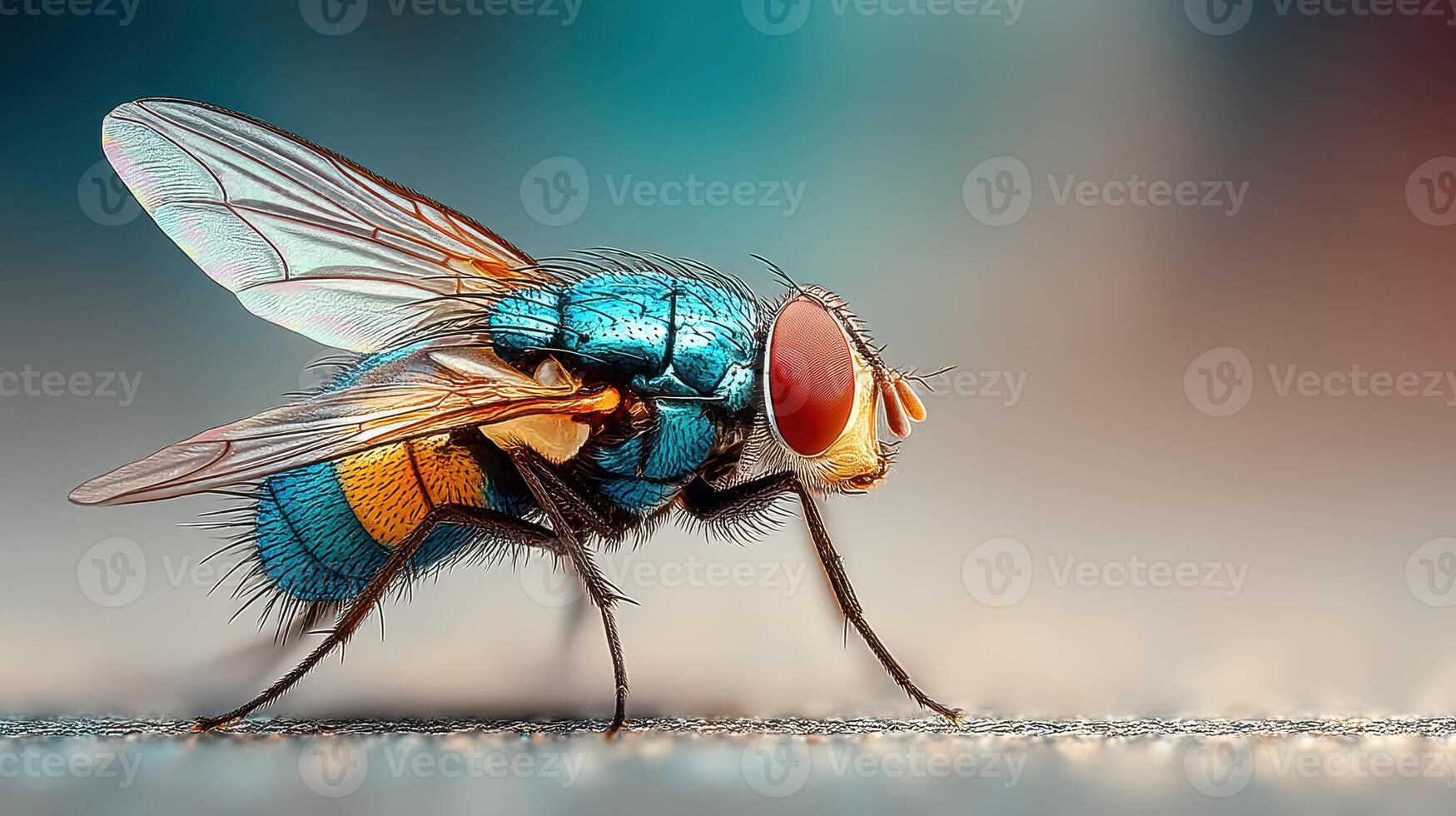 Colorful close-up of a fly resting on a surface in a light setting with a soft focus highlighting its features photo