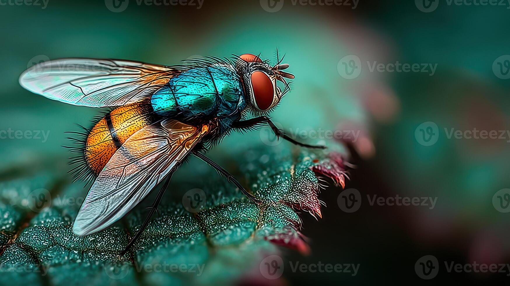 Colorful fly perched on a green leaf in nature during the daylight hours capturing intricate details photo