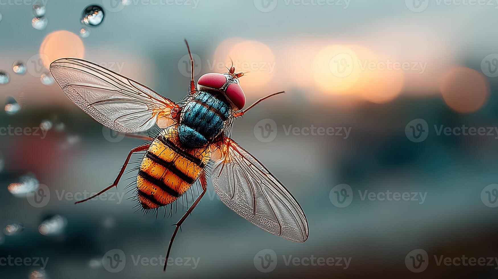 Close-up of a colorful insect resting on a surface with droplets at sunset photo