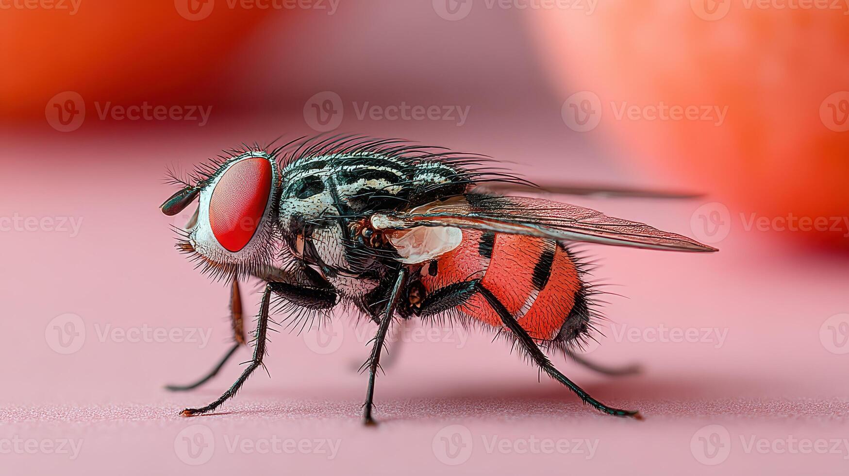 Colorful fly resting on a smooth surface surrounded by soft orange background elements photo