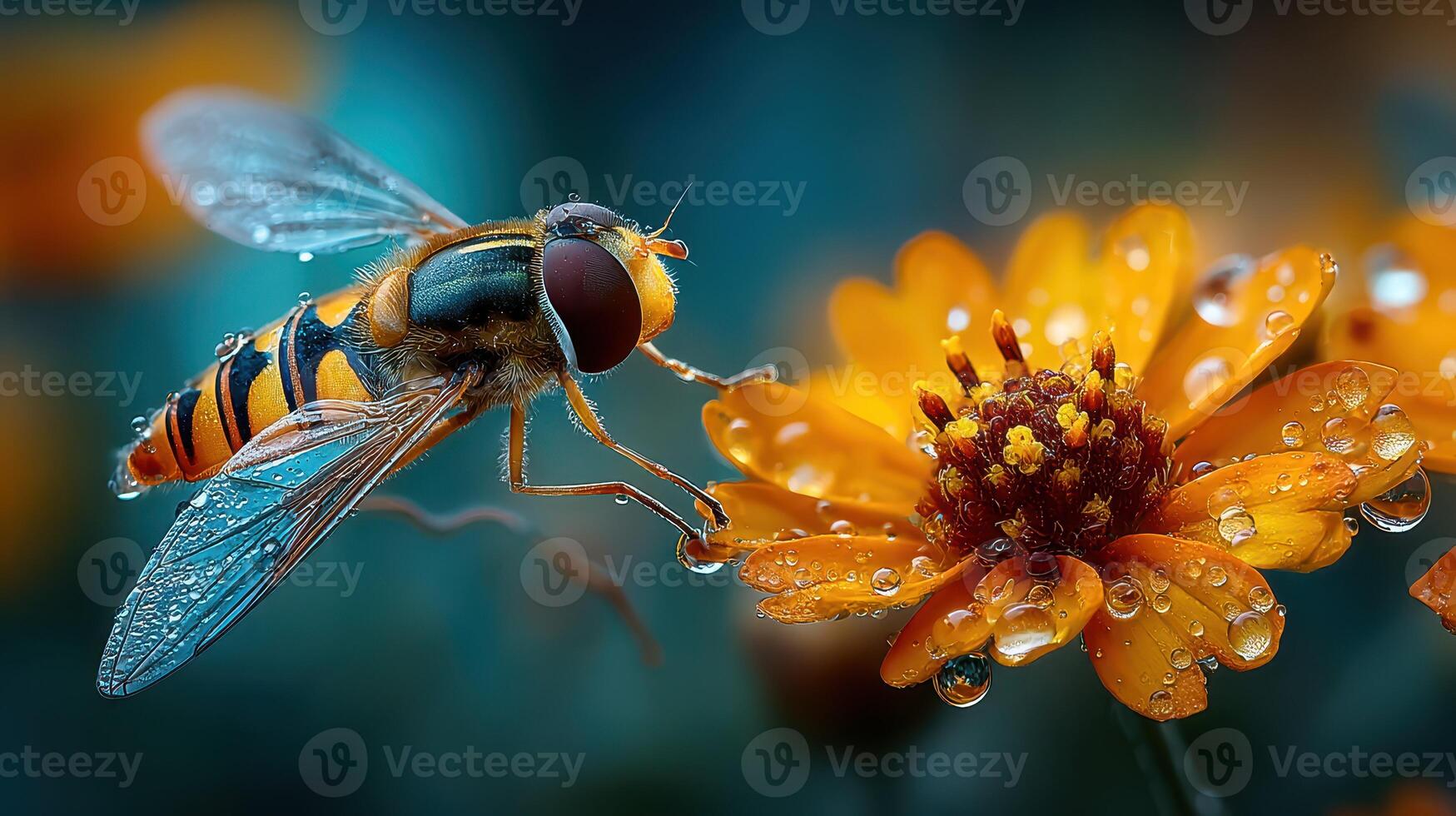 Bee interacts with vibrant orange flower in a garden after rain on a sunny afternoon photo