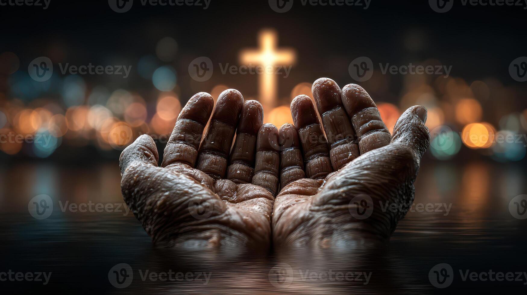Open hands reaching for hope and faith silhouetted against a glowing cross in a serene setting photo