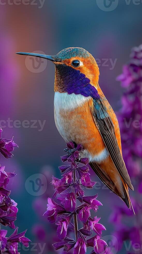 Colorful hummingbird perched on vibrant flowers in a serene garden setting during early morning hours photo