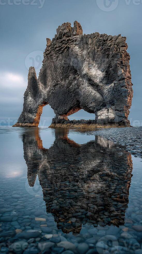 Giant rock formation at Hvitserkur reflects in calm water during twilight in Iceland photo