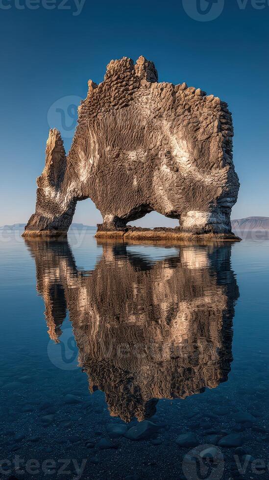 Majestic rock formation in calm waters reflecting stunning landscape during sunset in Iceland photo
