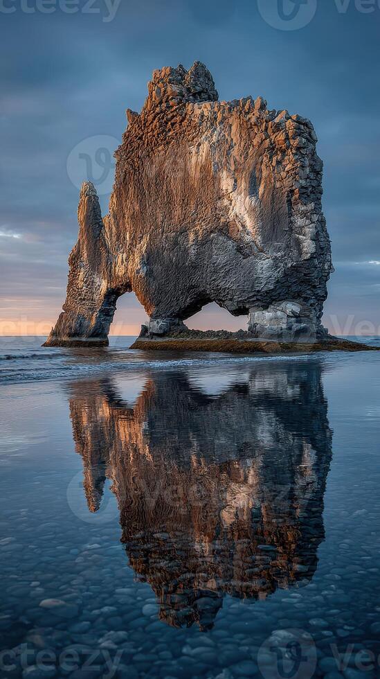 Majestic seascape featuring unique rock formation and calm waters at sunset in Iceland photo