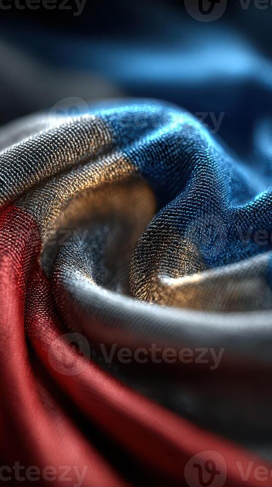 Textured fabric in red, white, and blue colors folded artistically on a surface photo
