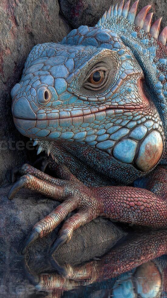 Colorful lizard resting on rocky surface near tranquil water during bright daylight photo