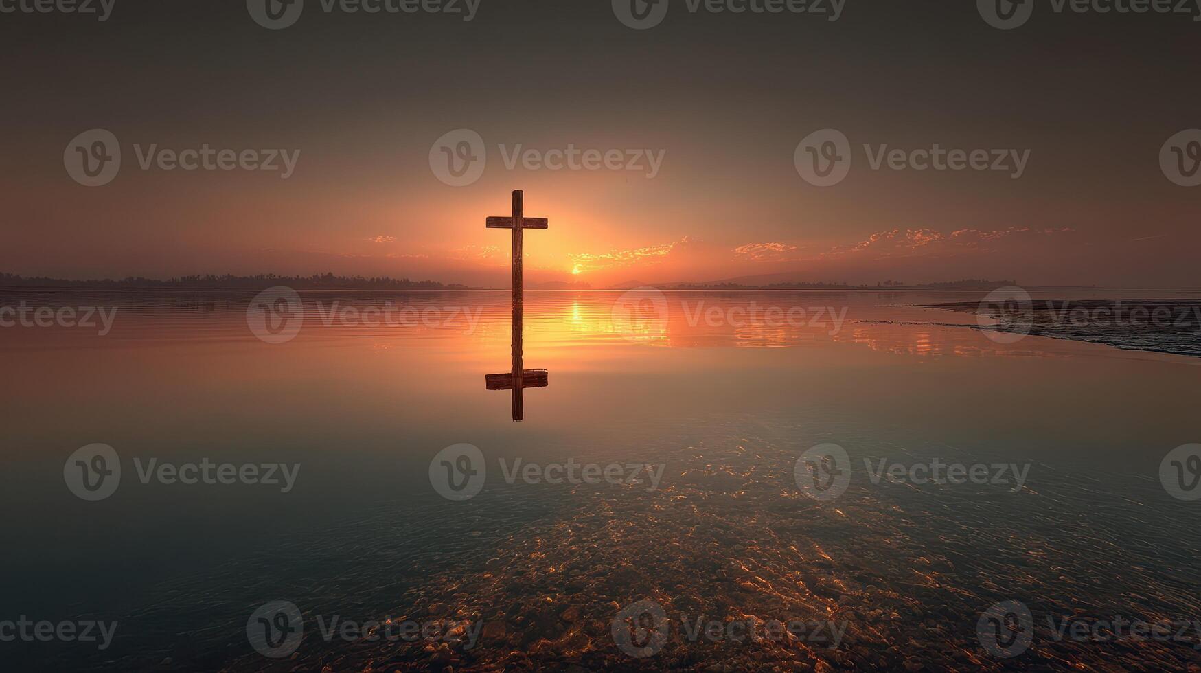Sunrise reflection on water with a cross silhouetted against the horizon in a tranquil setting photo