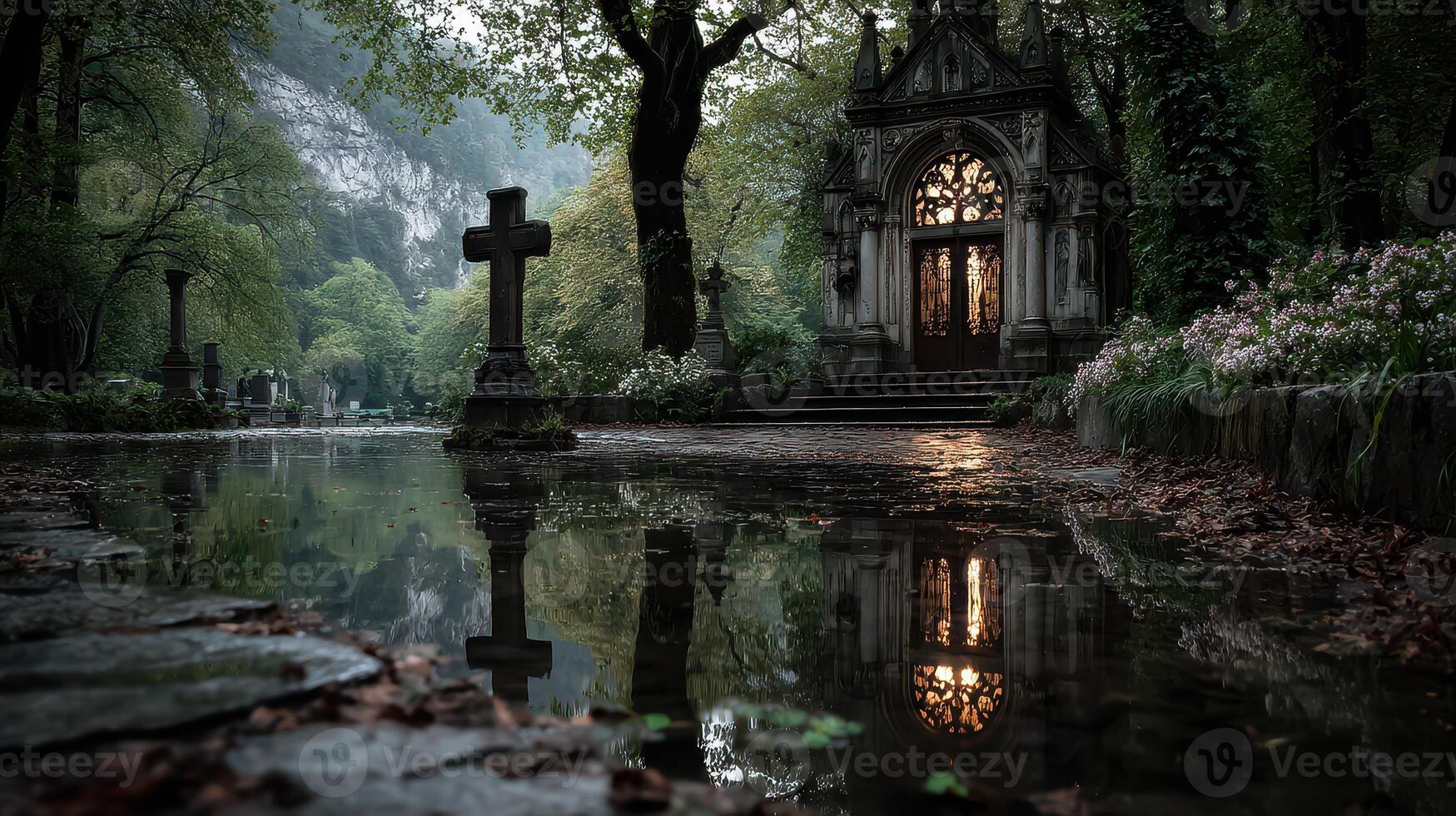 Mysterious cemetery with elegant architecture reflected in a tranquil pond during overcast evening hours photo