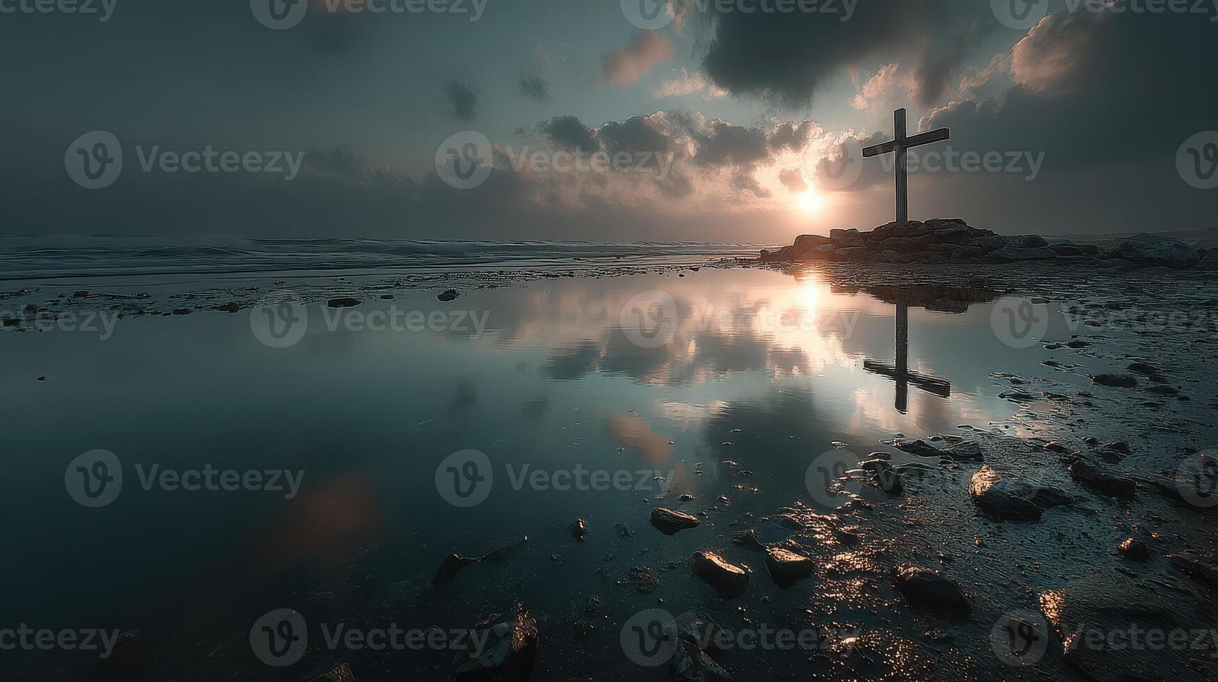 Reflective cross by the seaside at dawn under dramatic sky photo