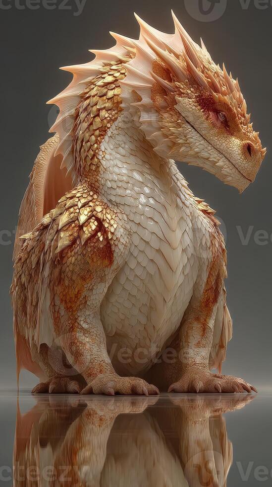 Majestic dragon with shimmering scales resting on a reflective surface in a mystical setting photo