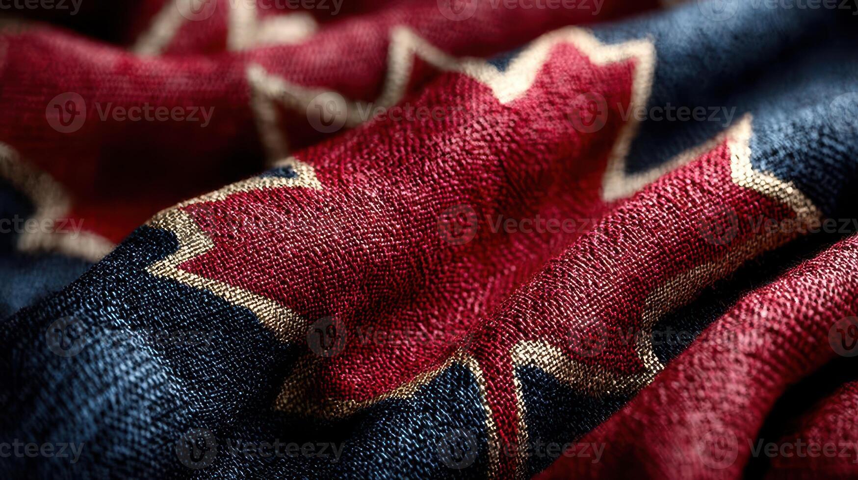 Red maple leaf fabric displays intricate weaving details, highlighting Canadian heritage and craftsmanship in a close-up view photo