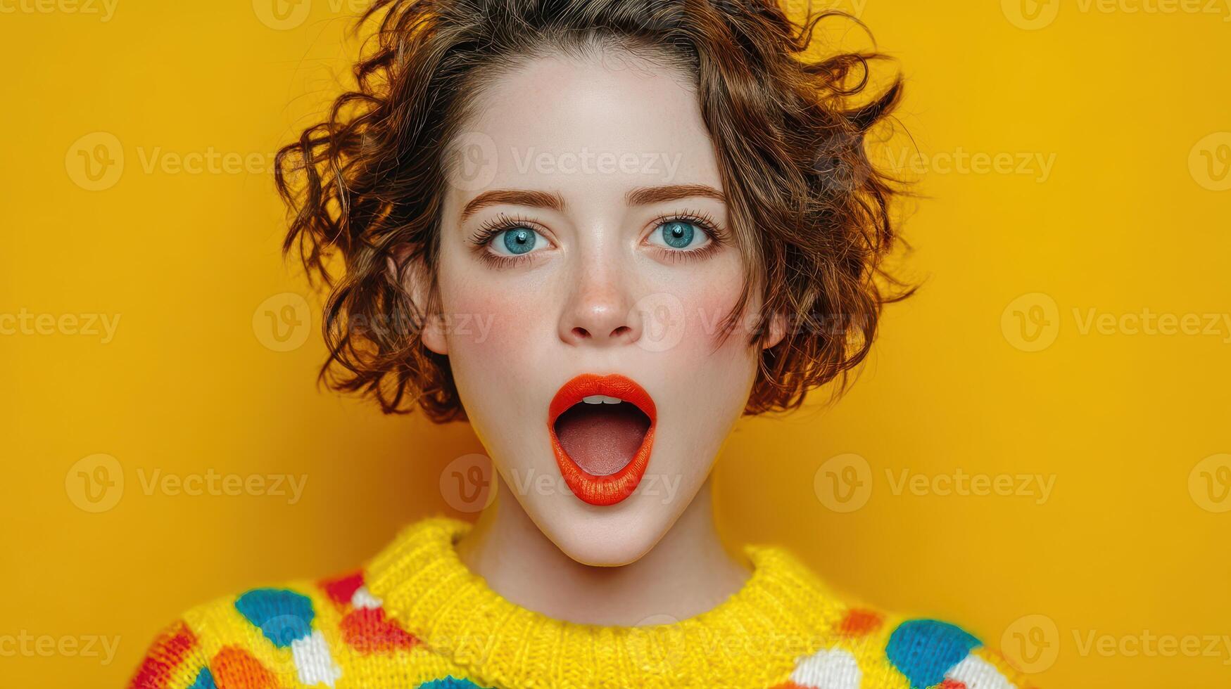 Young woman with curly hair expresses surprise against a vibrant yellow backdrop while wearing a colorful sweater photo