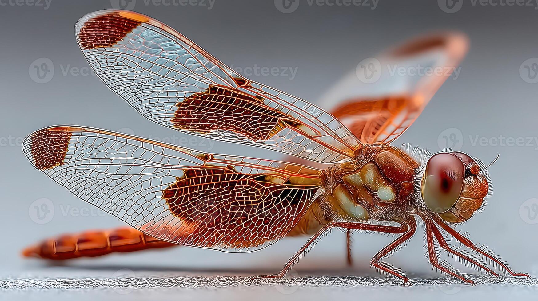 Beautiful orange dragonfly resting on a surface with intricate wing details in natural light photo