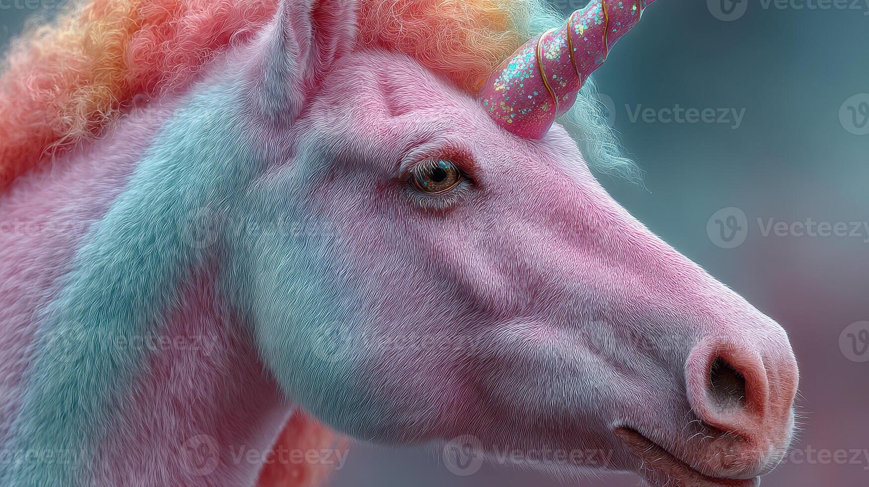 Colorful unicorn with pink and blue fur gracefully posed in a mystical setting photo