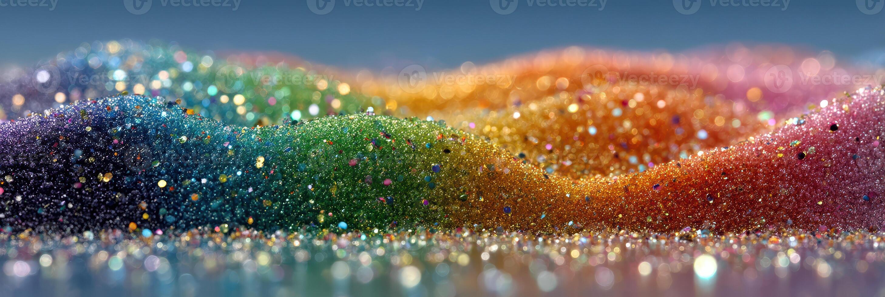 Colorful sparkling glitter creates a vibrant surface resembling a rainbow landscape in soft focus photo
