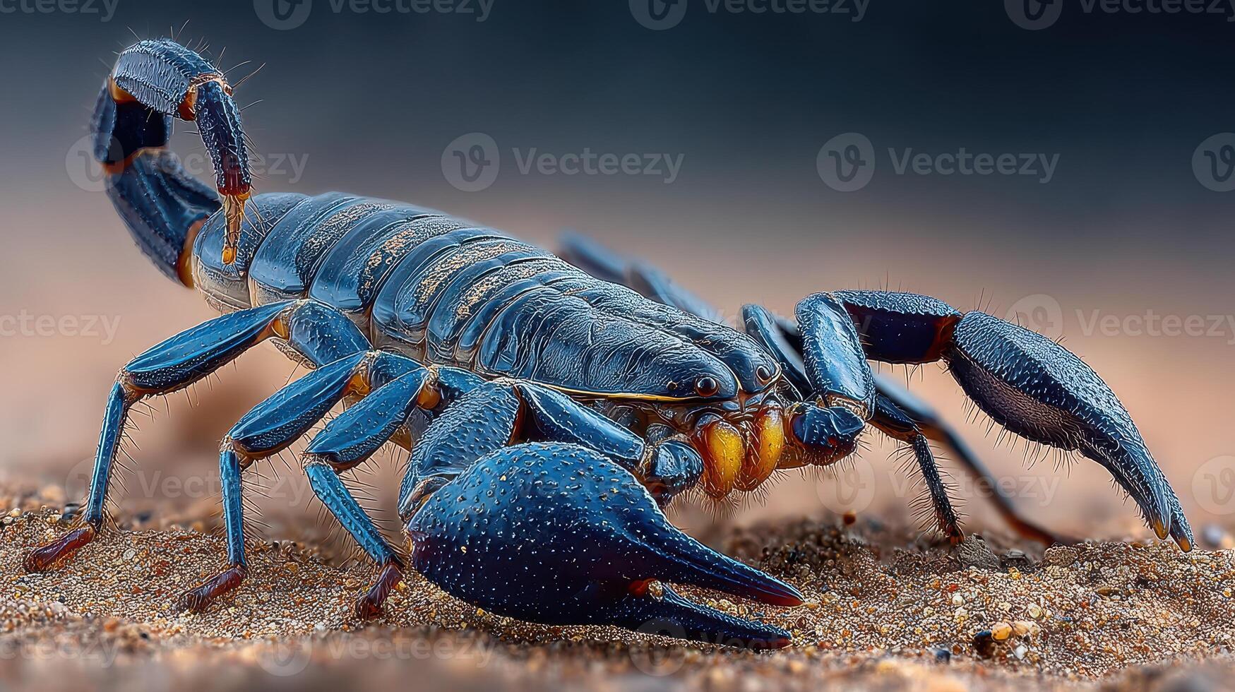 Scorpion in a sandy environment showcasing vibrant blue colors and intricate details on its exoskeleton photo