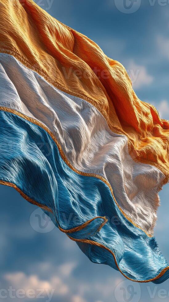 National flag billowing in the wind against a bright blue sky during a sunny midday photo