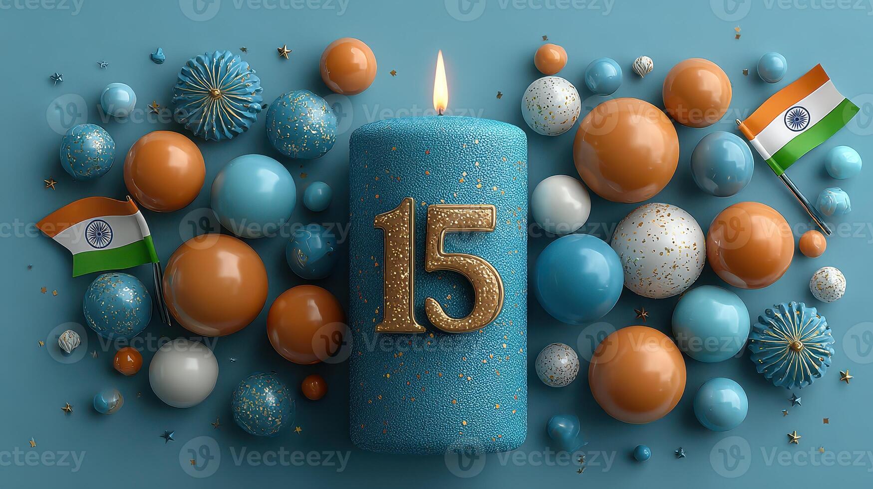Celebration of a milestone with a blue candle and decorative spheres on a festive background for a special event photo