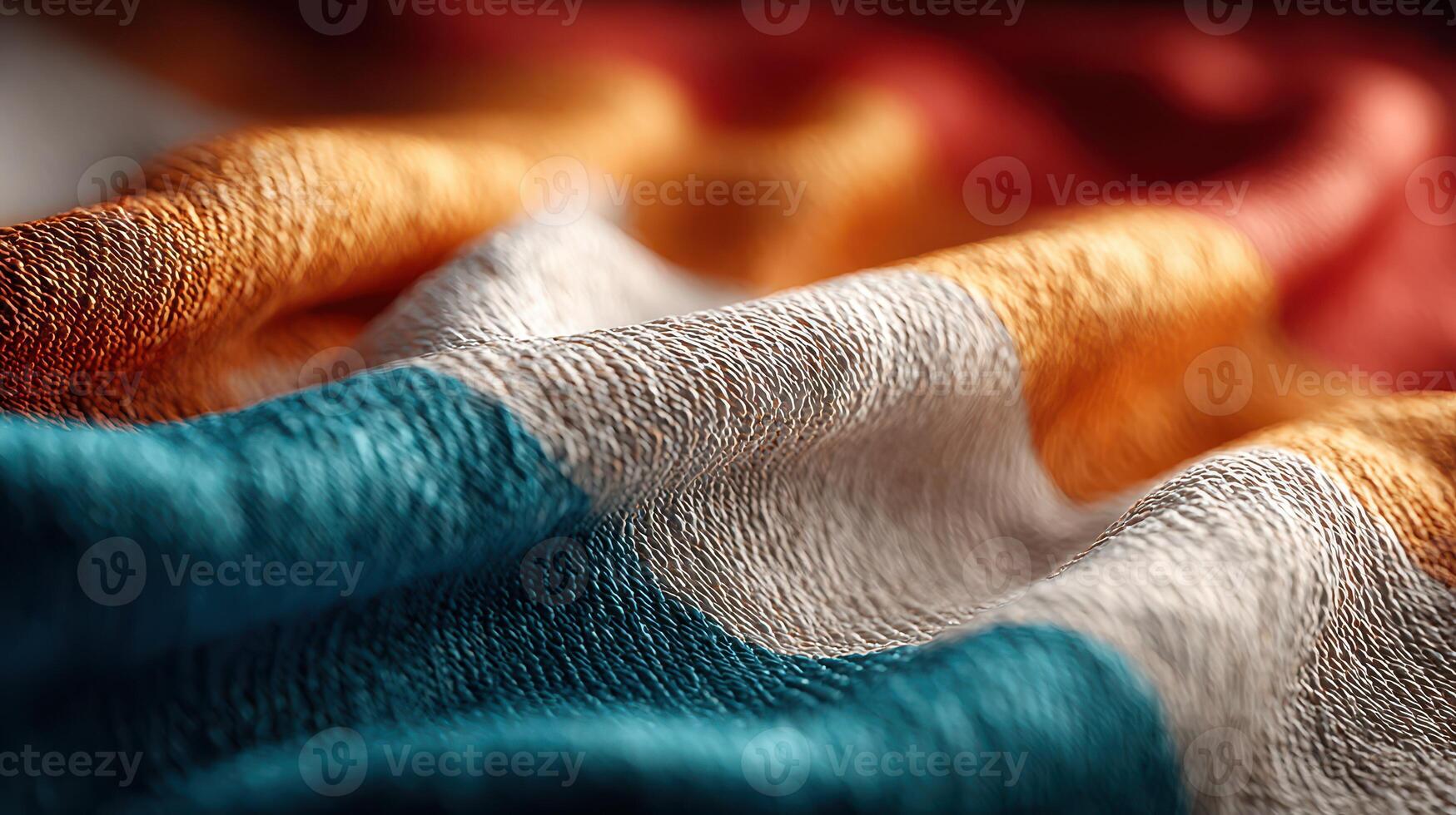 Colorful fabric showing intricate texture with orange, blue, and white waves in a close-up, highlighting textile beauty and craftsmanship photo