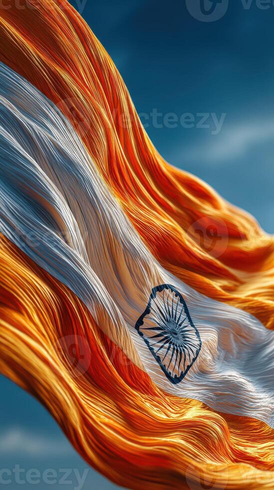 Waving Indian flag with vibrant colors against a clear blue sky showcasing national pride photo