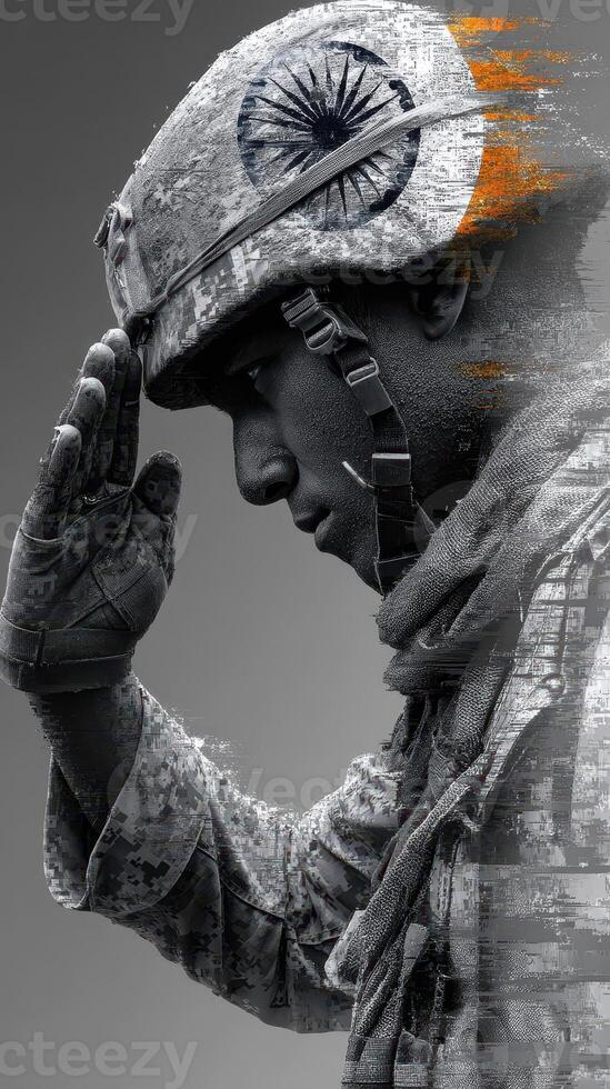 Soldier saluting in uniform with a thoughtful expression and digital effects, representing honor and commitment to duty photo