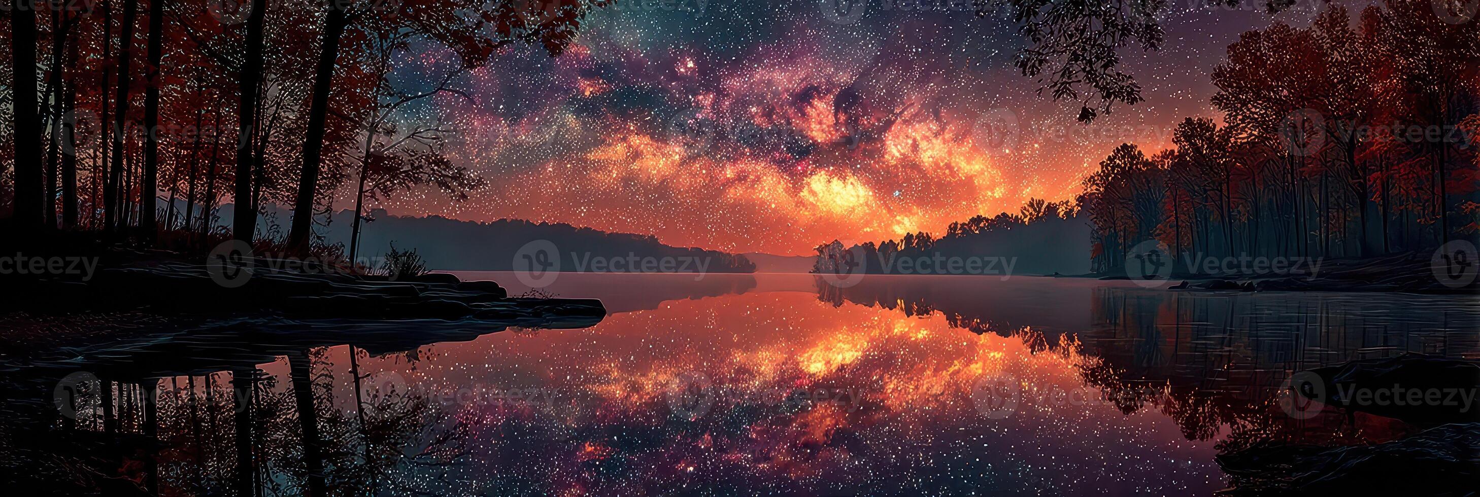 Stunning night sky with vibrant stars and reflection over tranquil lake surrounded by autumn trees photo