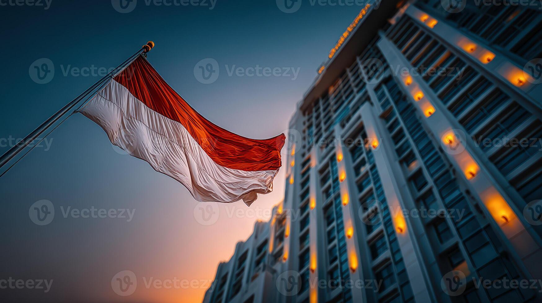 Indonesian flag waving at sunset in front of a modern building in an urban setting photo