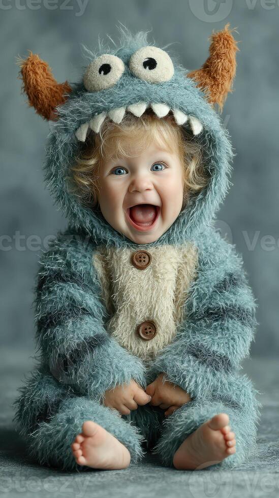 Excited toddler in a fluffy monster costume smiling joyfully against a textured backdrop photo