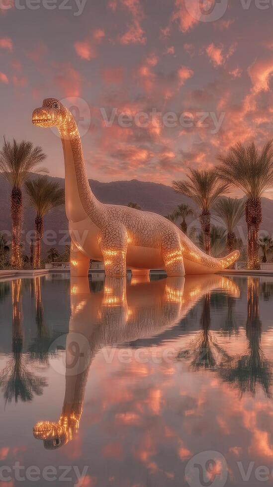 Giant illuminated dinosaur sculpture stands by pool at sunset with palm trees and mountains in the background photo