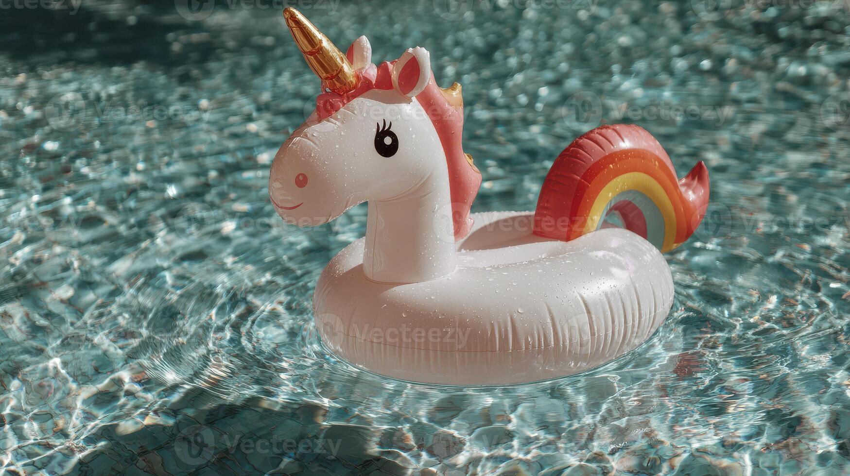 Bright inflatable unicorn float drifts in sparkling pool water during sunny afternoon photo