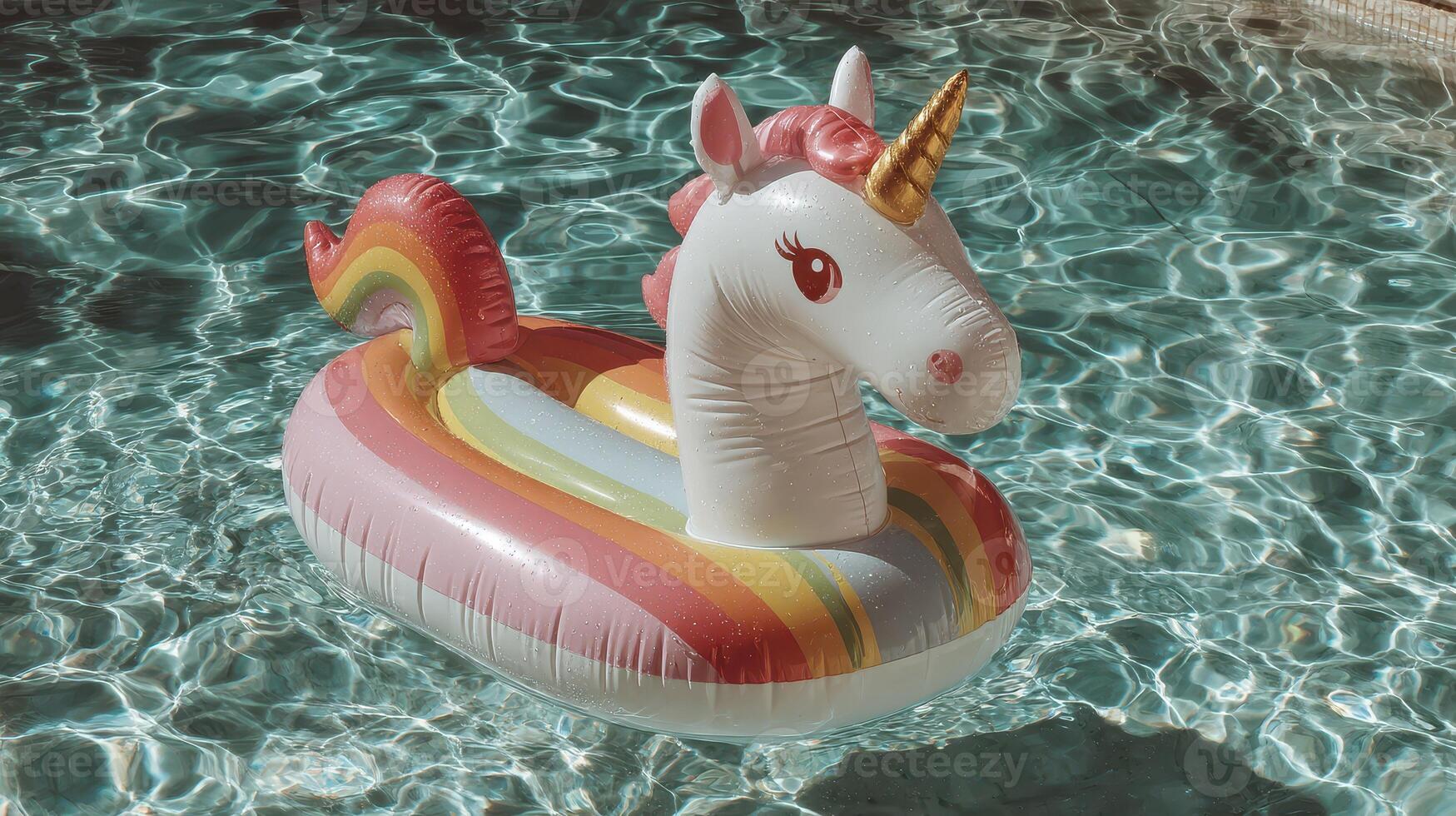 Colorful unicorn float drifting in a sparkling blue pool on a sunny day in summer photo