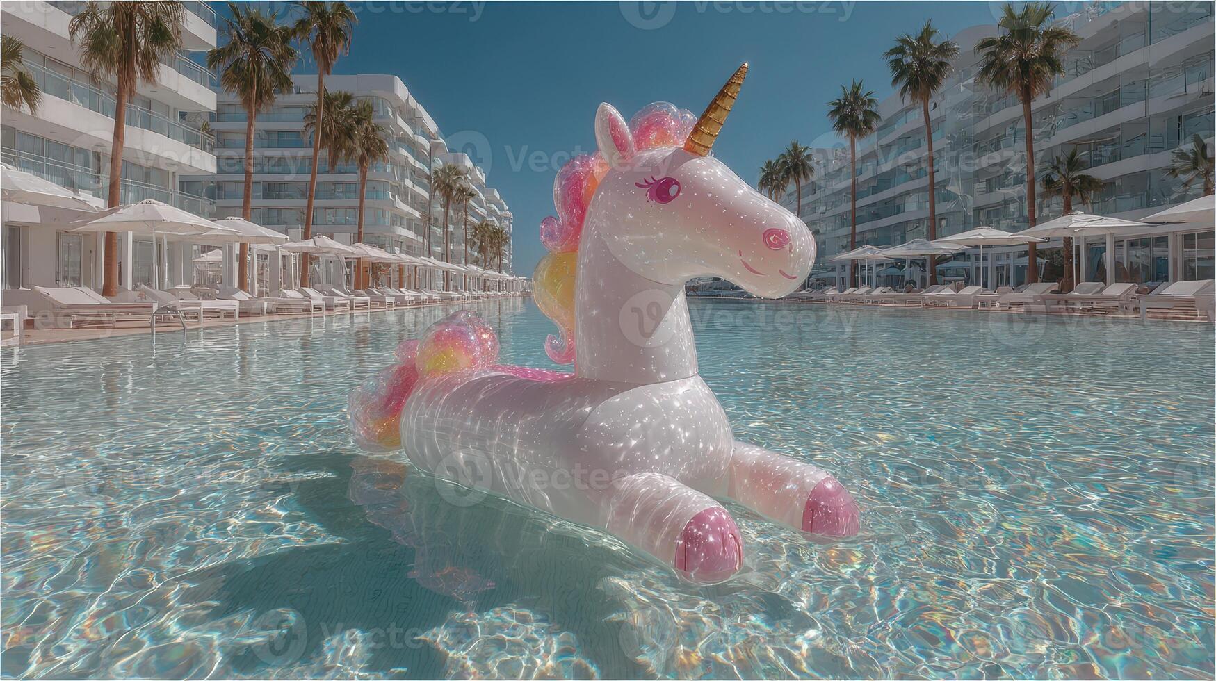 Inflatable unicorn floats in clear water at luxurious resort pool under sunny sky with palm trees all around photo