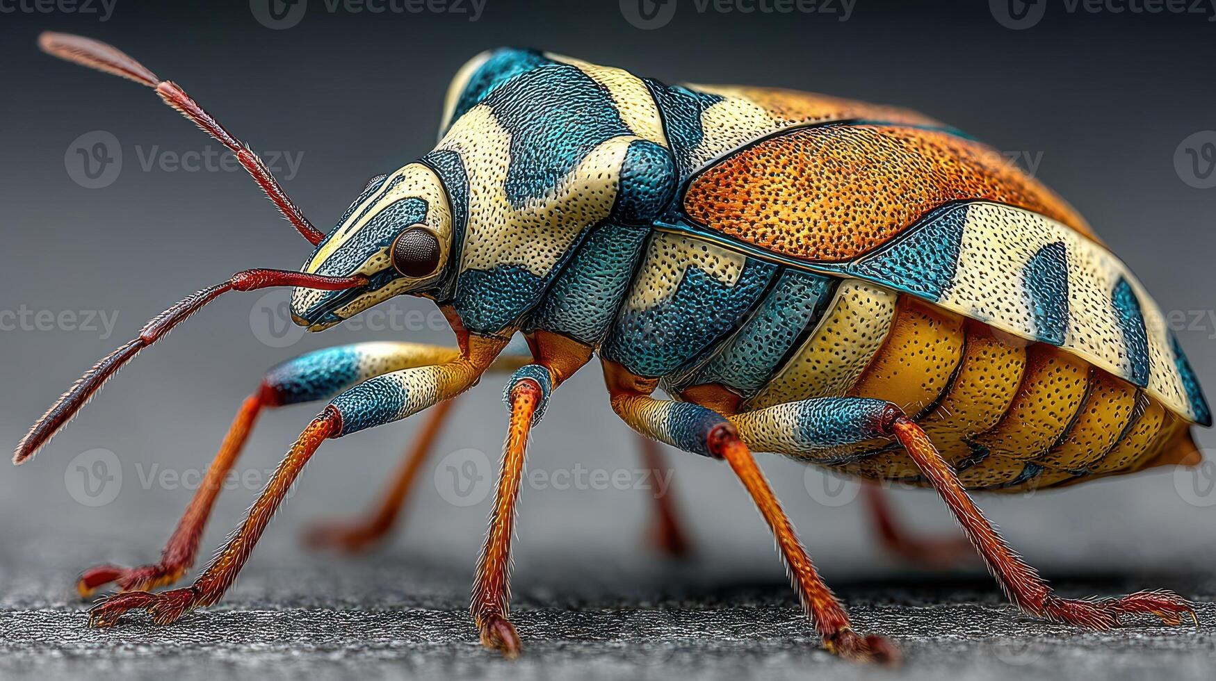 Colorful insect perched on a surface displaying intricate patterns and textures in a close-up view photo
