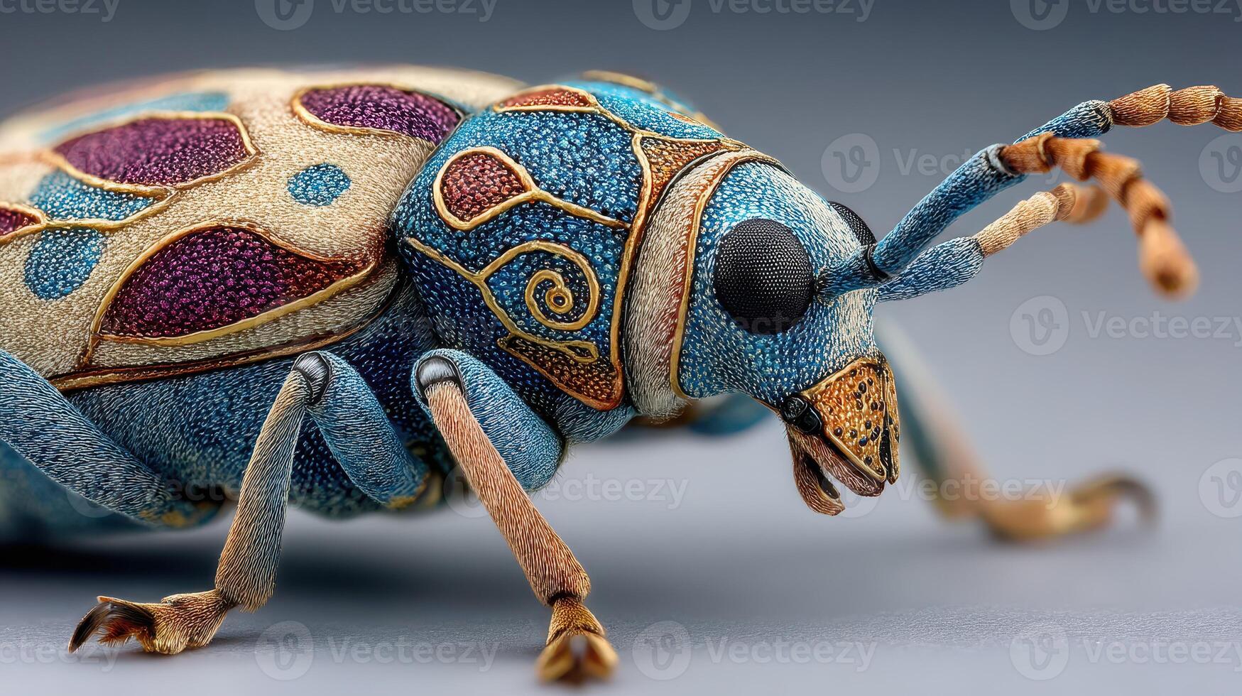 Intricate close-up of a vividly colored beetle displaying unique patterns and textures against a gray background photo