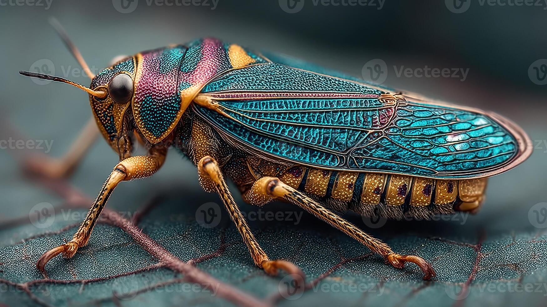 Close-up of a vibrant insect resting on a leaf in a colorful natural environment photo