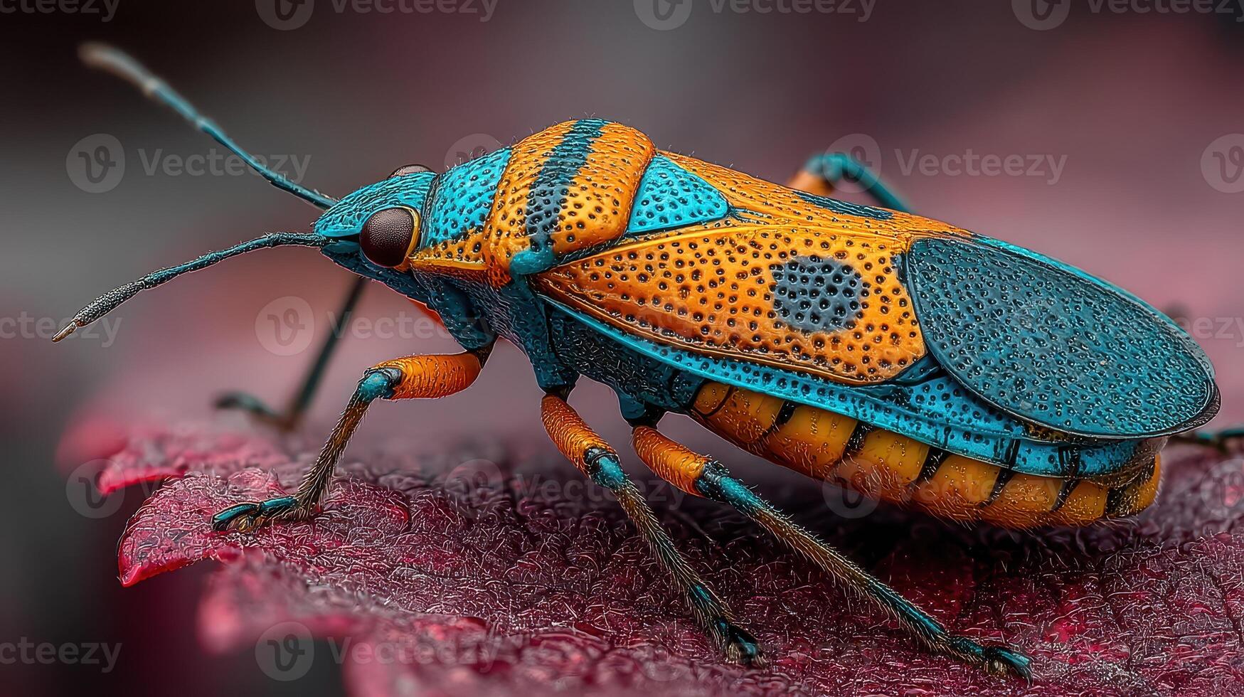 Colorful insect resting on a vibrant leaf in a natural setting during daylight photo