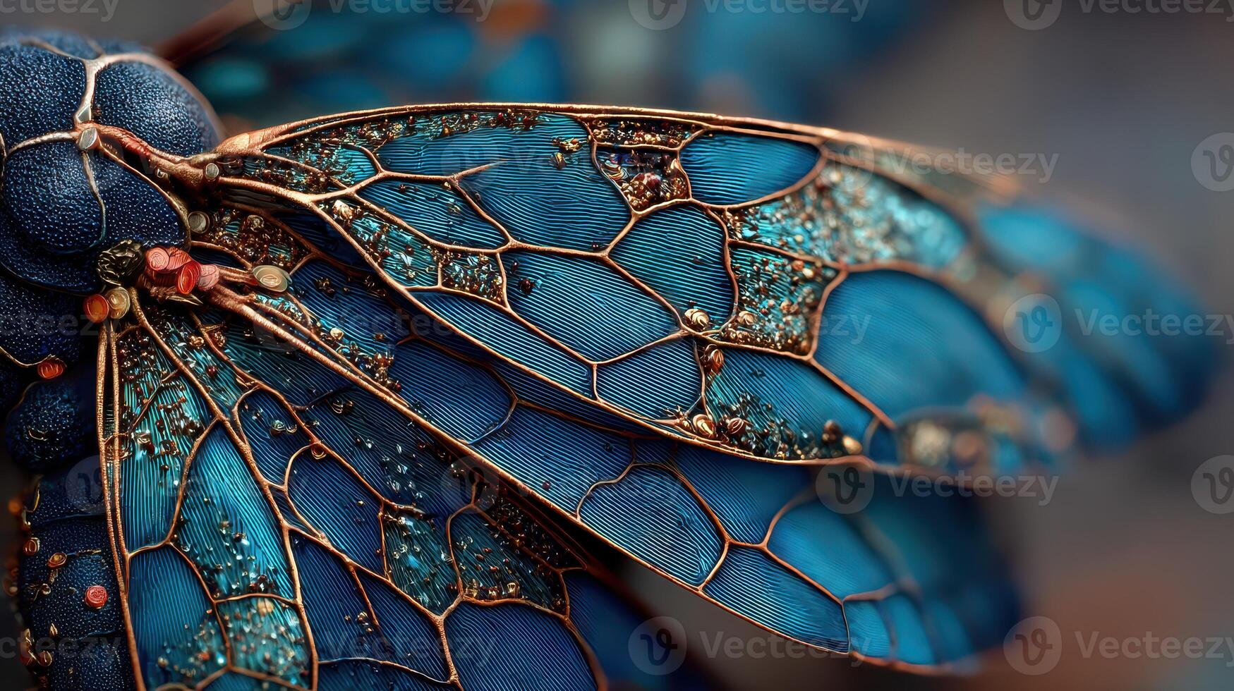 Close-up of ornate blue insect wings displaying intricate patterns and textures under soft lighting photo