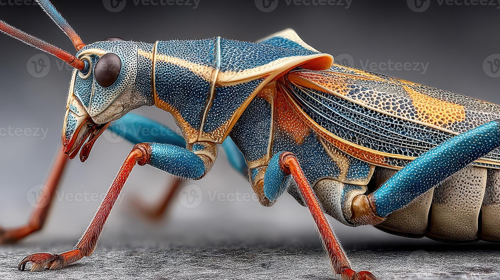 Vivid close-up of a colorful grasshopper showcasing intricate details and textures in its natural habitat photo